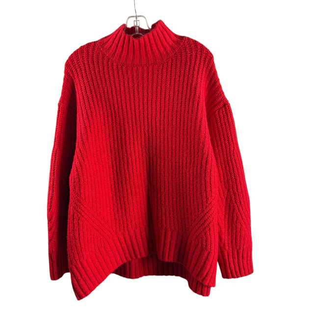 MAEVE Size LARGE Red Cable Long Sleeve Mock Turtleneck Cotton Blend SWEATER