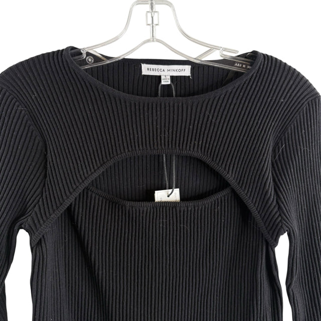 REBECCA MINKOFF Size LARGE Black Ribbed Long Sleeve Keyhole Cotton Blend SWEATER