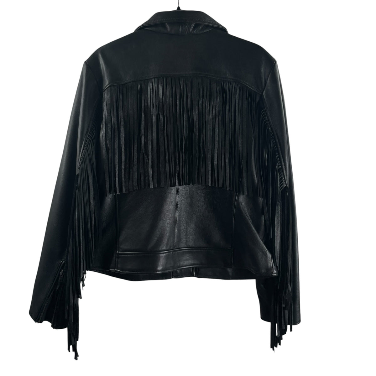 WHET BLU Size LARGE Black Fringe Details Leather NWT JACKET