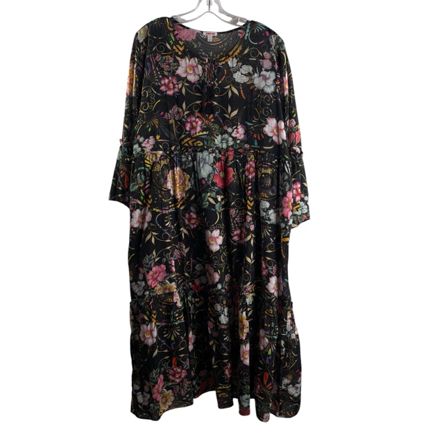 JOHNNY WAS Size LARGE Black/Multi Print 3/4 Sleeve Cotton DRESS