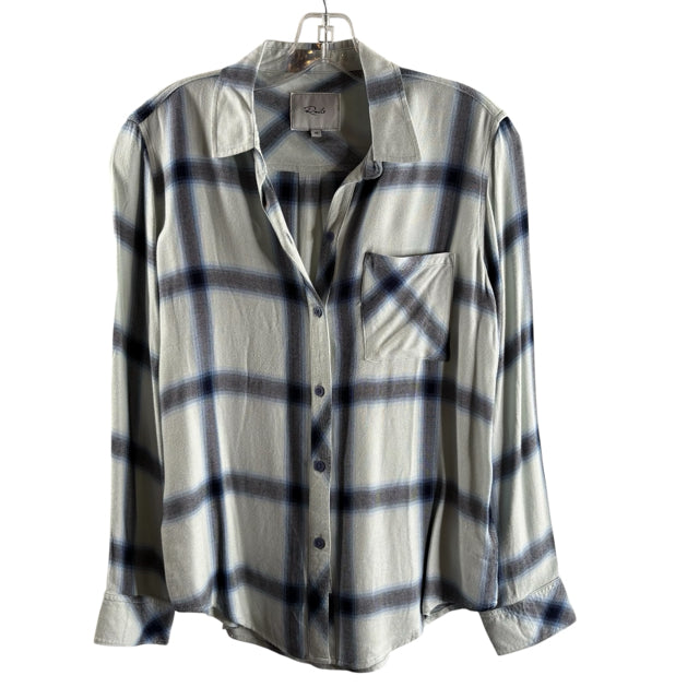 RAILS Size X-SMALL Light Blue/Navy Plaid Long Sleeve Button Front Rayon TOP