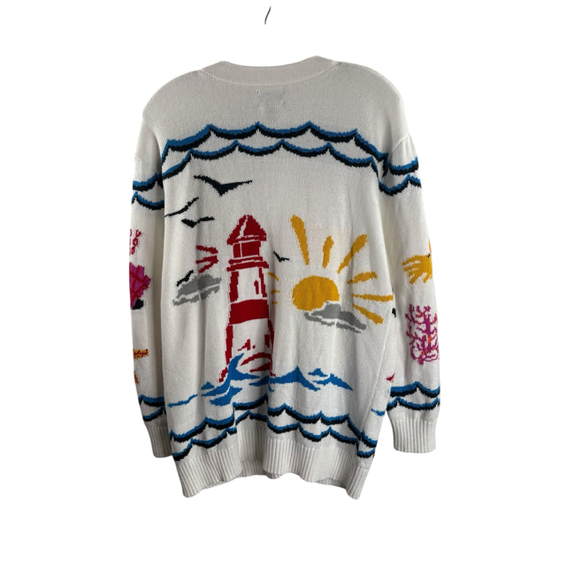 LANDS END Size X-SMALL White Sailboats Long Sleeve Cardigan SWEATER