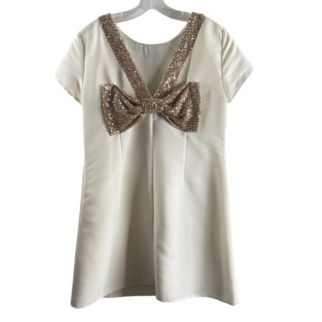STS Size MEDIUM Cream/Gold Neck Detail Short Sleeve Polyester NWT DRESS