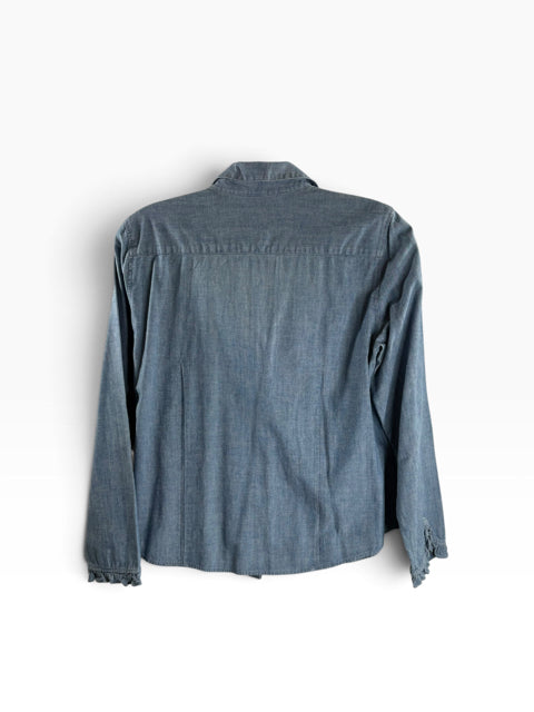 TALBOTS Size 14 Denim Blue Ruffle Detail Long Sleeve Cotton BLOUSE