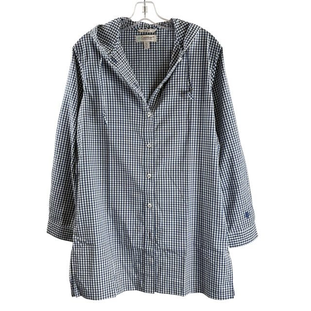 COOLIBAR Size MEDIUM Blue/White Check Long Sleeve Hood Polyester BLOUSE