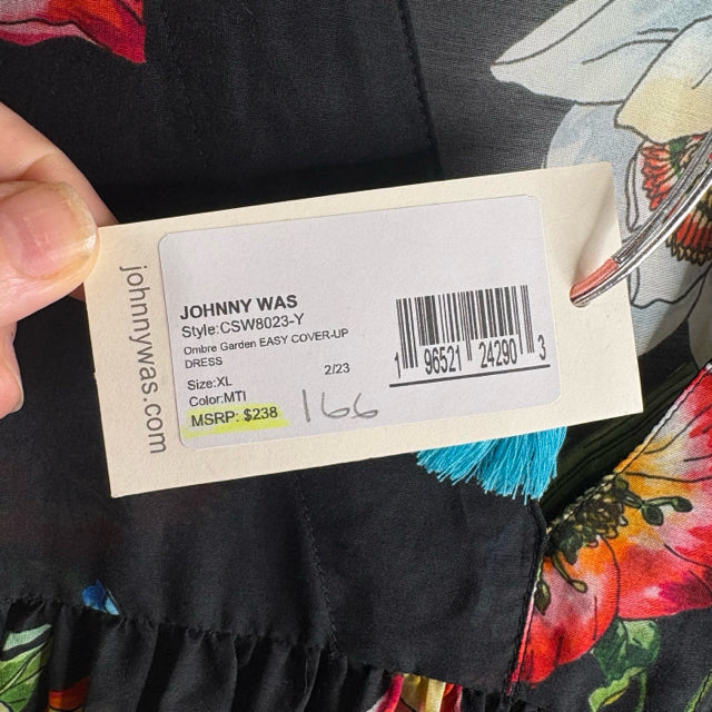 JOHNNY WAS Size X-LARGE Black Floral 3/4 Sleeve Cotton Blend NWT DRESS