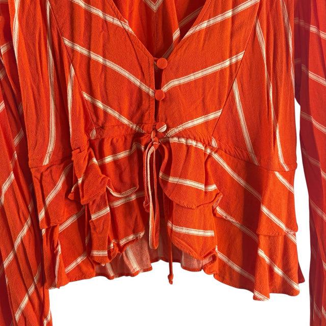 FREE PEOPLE Size MEDIUM Orange/Tan Stripe Long Sleeve Crop Rayon TOP