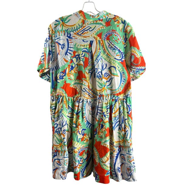 HUNTER BELL Size MEDIUM Green/Multi Print Short Sleeve Linen Blend DRESS