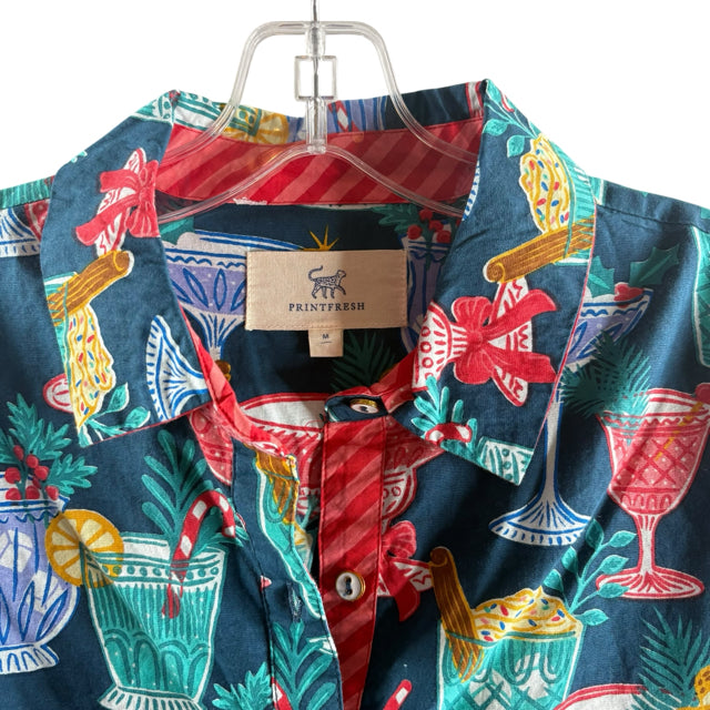 PRINTFRESH Size MEDIUM Teal/Multi Print Long Sleeve Button Front BLOUSE