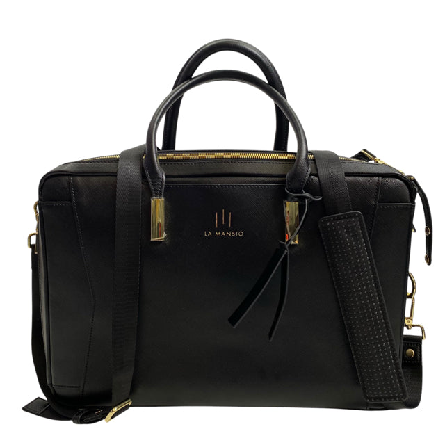 LA MANSIO Black Gold Hardware Saffiano Leather Briefcase NWOT TRAVEL