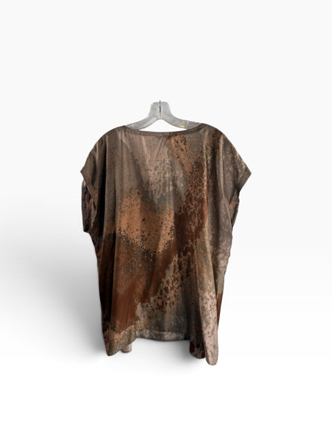 EILEEN FISHER Size 1X Brown Water Color Cap Sleeve Round Neck Silk BLOUSE