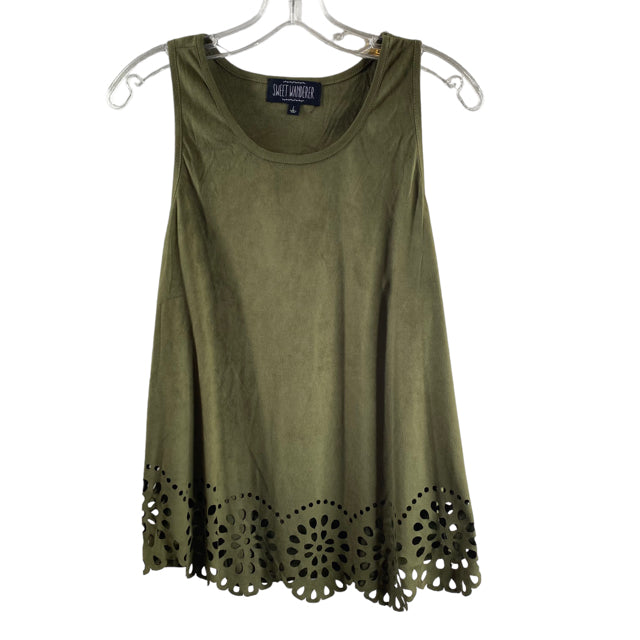 SWEET WANDERER Size LARGE Olive Hem Detail Sleeveless Sueded Polyester TOP