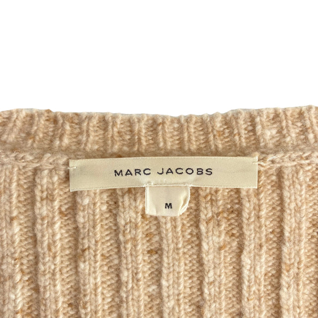 MARC JACOBS Size MED Cream/Brown Tweed Long Sleeve V-Neck Ribbed SWEATER