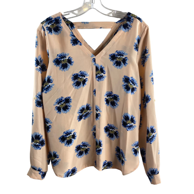 LOFT Size X-SMALL Pink/blue Floral Long Sleeve V-Neck Polyester TOP