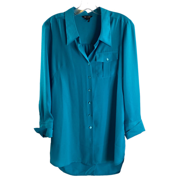 NIC & ZOE Size SMALL Aqua Long Sleeve Button Front Polyester NWT BLOUSE