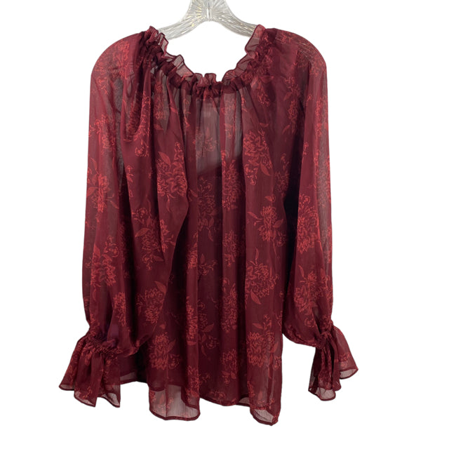 STEEL by DESIGN Size MEDIUM Dark Red Roses Long Sleeve Peasant Polyester BLOUSE