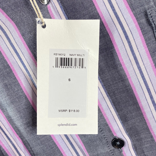 SPLENDID Size SMALL Gray/Pink Stripe Short Sleeve Button Front Viscose BLOUSE
