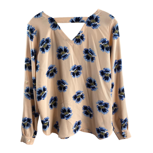 LOFT Size X-SMALL Pink/blue Floral Long Sleeve V-Neck Polyester TOP